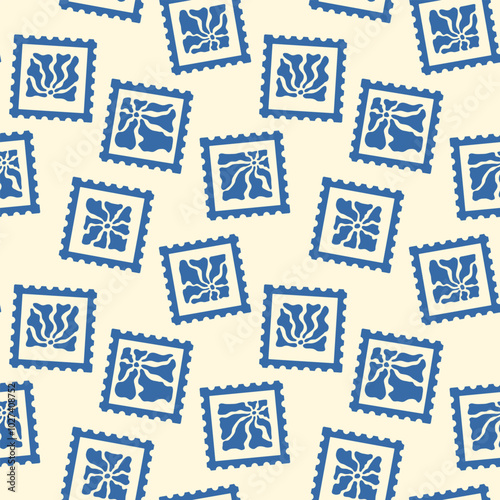 Groovy Post Stamp Card backgroun. Abstract Sun or Plants seamless pattern. Blue Curve Shapes