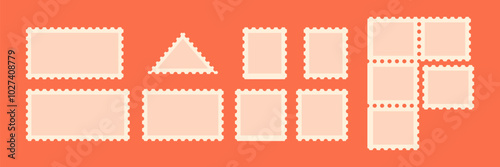 Postage stamp frames set. Black with Jagged wavy edge forms. Template for mail, postcard, letter. Vector illustration