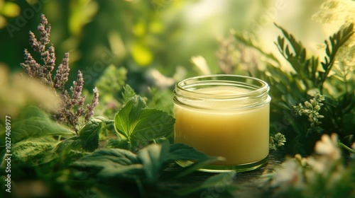A close-up of a herbal salve in a glass jar, set against a backdrop of herbs and natural materials