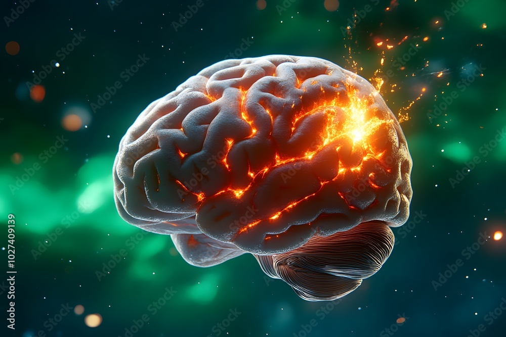 A massive human brain is floating in space, its skin resembling an orange star, with fire emanating from its cracks. The background features vibrant green galaxies A massive human brain is floating in space, its skin resembling an orange star, with fire emanating from its cracks. The background features vibrant green galaxies