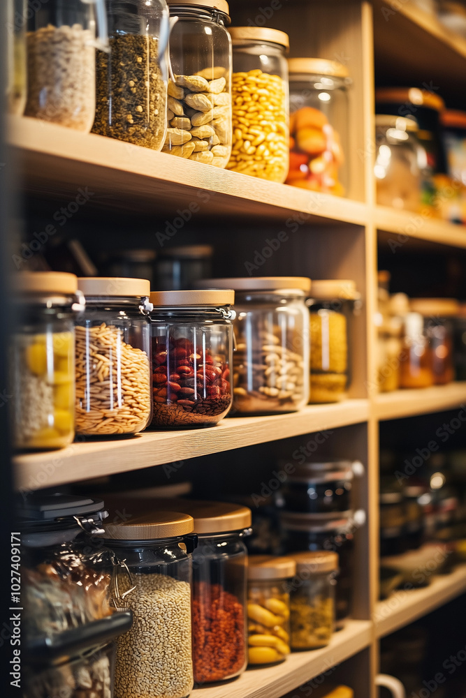 A well-organized pantry with bulk food storage in reusable containers A well-organized pantry with bulk food storage in reusable containers