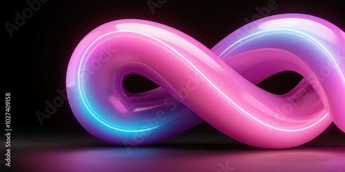 Neon infinity loop: futuristic pink and blue glowing symbol on black background