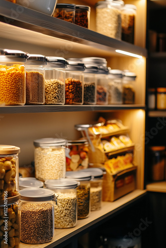 A well-organized pantry with bulk food storage in reusable containers