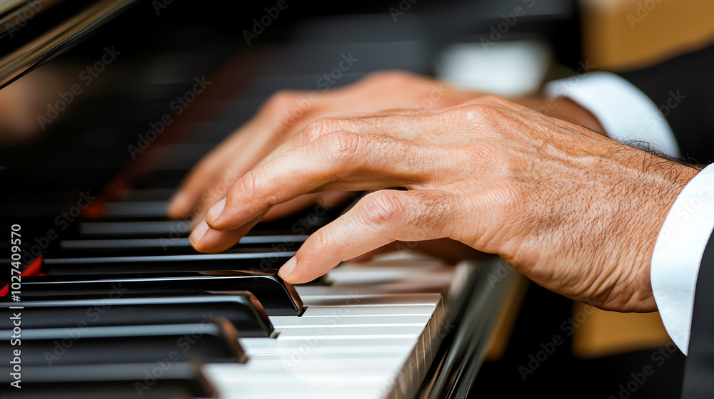 A close-up view of a person playing a piano, showcasing skilled fingers on the keys, capturing the artistry and passion of music performance. A close-up view of a person playing a piano, showcasing skilled fingers on the keys, capturing the artistry and passion of music performance.