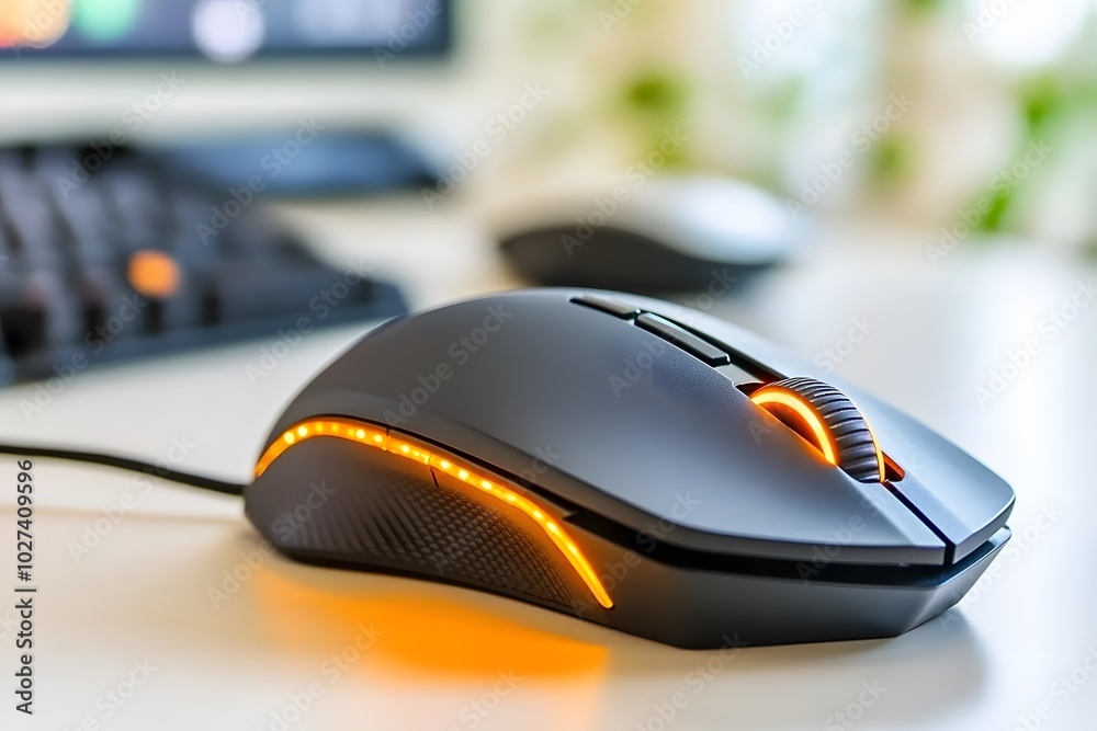 A sleek gaming mouse with orange lights, placed on an illuminated desk surface, with blurred game-inspired background elements in the foreground A sleek gaming mouse with orange lights, placed on an illuminated desk surface, with blurred game-inspired background elements in the foreground