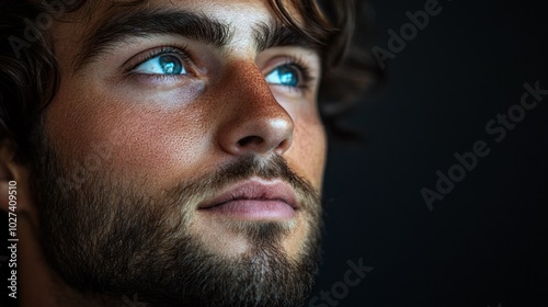 A man with a beard and blue eyes looking up at the camera