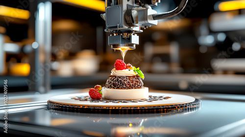 A 3D printer crafting a gourmet dessert with intricate detail, featuring chocolate and fresh raspberries, in a modern kitchen setting. photo