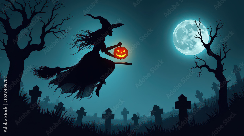 Fototapeta premium Black silhouette of Halloween witch flying gracefully on a broomstick and holds a glowing Halloween pumpkin. Below her, a night cemetery 