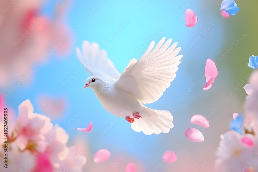 Fototapeta premium A white dove flying in the sky, surrounded by pink and blue petals. The background is a soft gradient of light colors