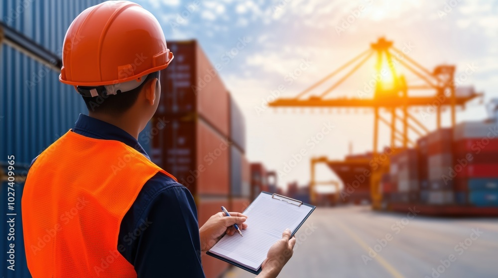 Worker inspecting cargo at shipping port, sunset with container cranes in background. Worker inspecting cargo at shipping port, sunset with container cranes in background.