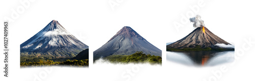 Three volcanoes with varying levels of volcanic activity,  showing the power of nature photo