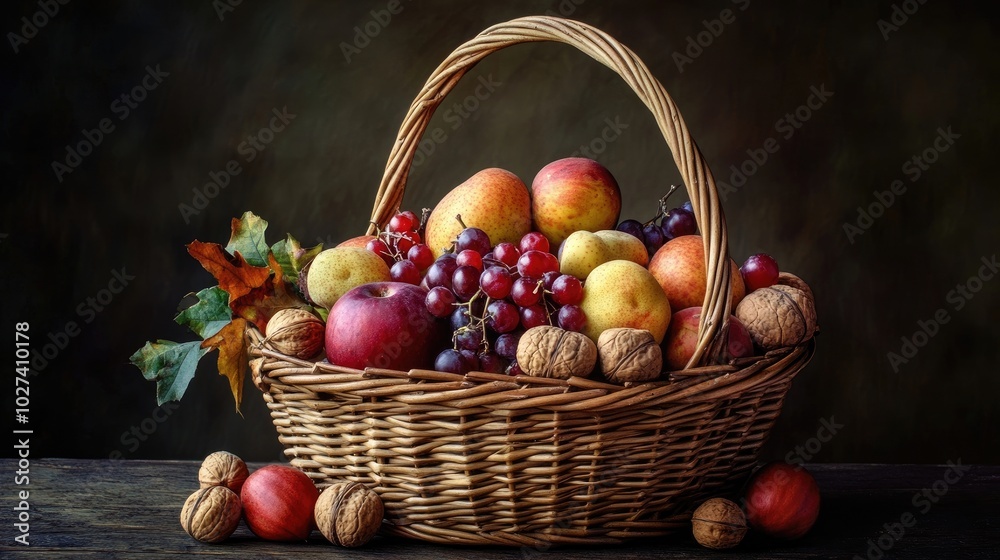 A collection of autumn fruits and nuts arranged in a rustic basket against a dark backdrop A collection of autumn fruits and nuts arranged in a rustic basket against a dark backdrop