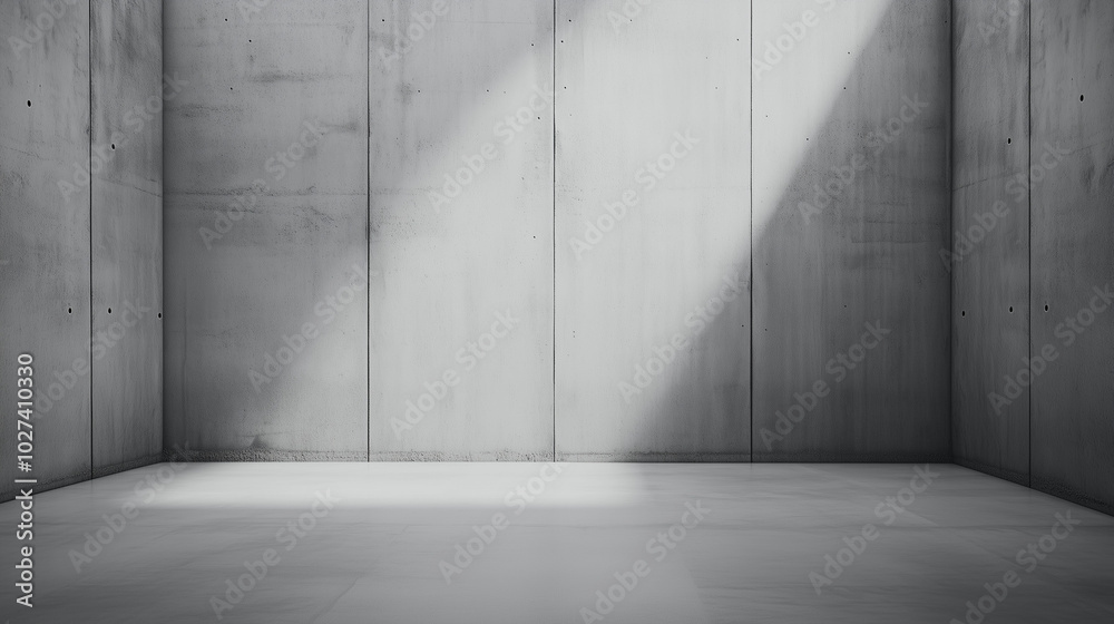 Minimalistic grey concrete wall interior with sunlight shadows Minimalistic grey concrete wall interior with sunlight shadows