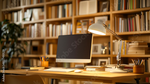 Modern home office setup with desktop computer and lamp on wooden desk, surrounded by bookshelves. Cozy and organized work environment.