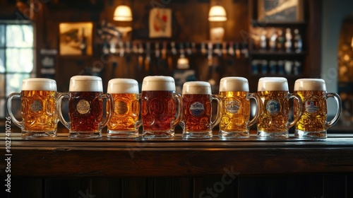 A collection of beer steins lined up on a rustic wooden bar