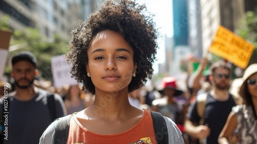 Young woman at a demonstration with calm expression