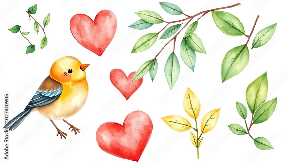 Set of cute bird, heart, willow, leaves on isolated white background, watercolor illustration, hand drawing AI Generate
