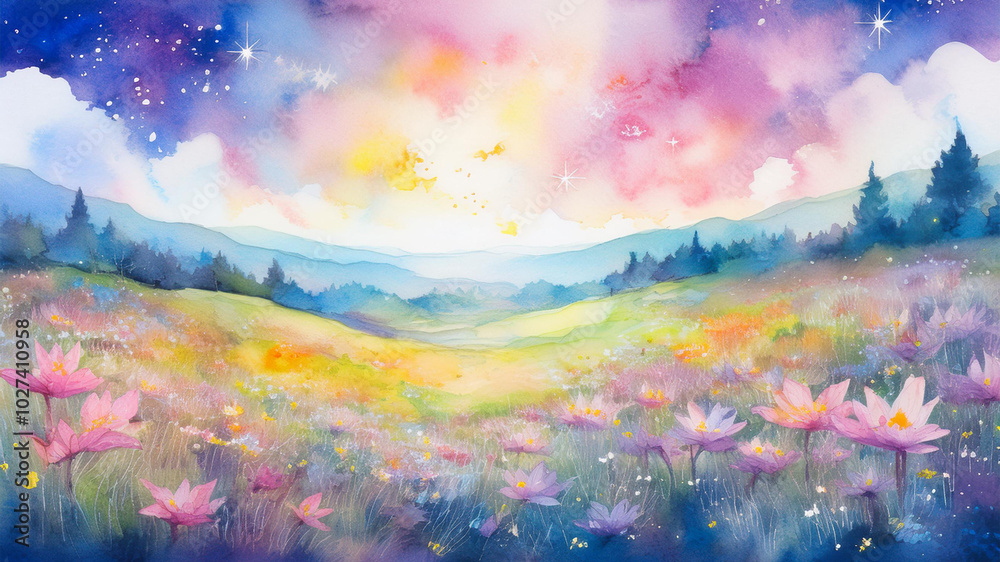 Illustration of a magical landscape with colorful wildflowers, rolling hills, and distant pine trees. The sky is painted in soft pastel hues of pink, purple, and yellow, with twinkling stars adding a 