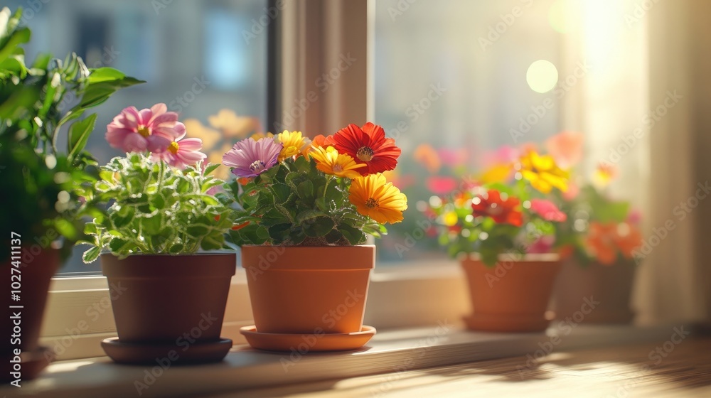 A collection of small potted plants with colorful blooms, arranged on a sunlit windowsill A collection of small potted plants with colorful blooms, arranged on a sunlit windowsill