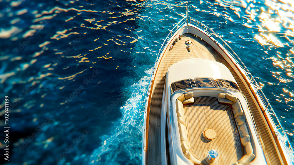 Top view of a luxury yacht sailing on the open blue sea, capturing the elegance and beauty of ocean travel on a sunny day. Top view of a luxury yacht sailing on the open blue sea, capturing the elegance and beauty of ocean travel on a sunny day.