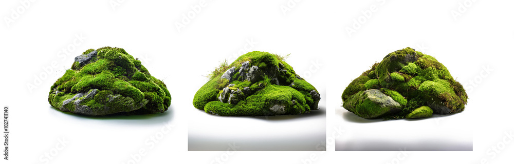 Three moss-covered rocks sit isolated on a white background. Three moss-covered rocks sit isolated on a white background.