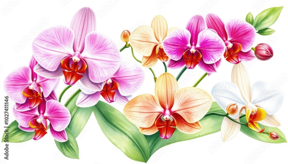 Set of exotic orchid flowers on isolated white background, botanical painting, watercolor illustration, tropical flora AI Generate Set of exotic orchid flowers on isolated white background, botanical painting, watercolor illustration, tropical flora AI Generate