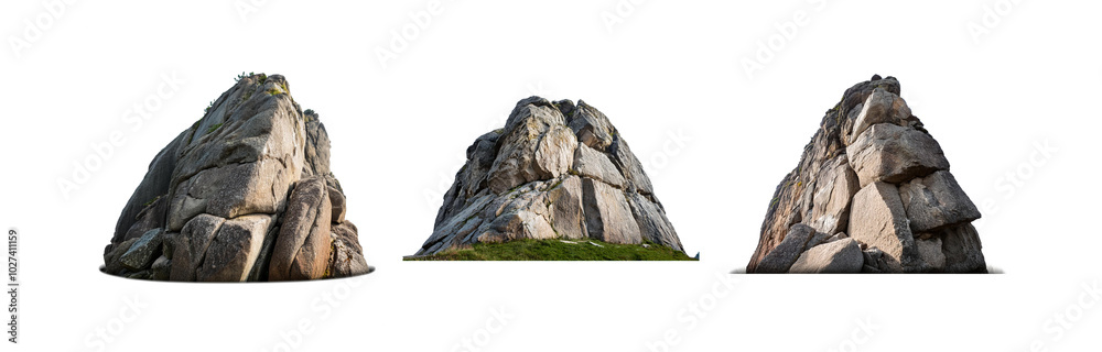 A rocky peak against a white background with small green plants at the base. A rocky peak against a white background with small green plants at the base.