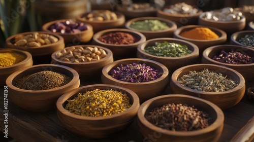 A collection of wooden bowls filled with various dried herbs and spices, elegantly arranged on a table