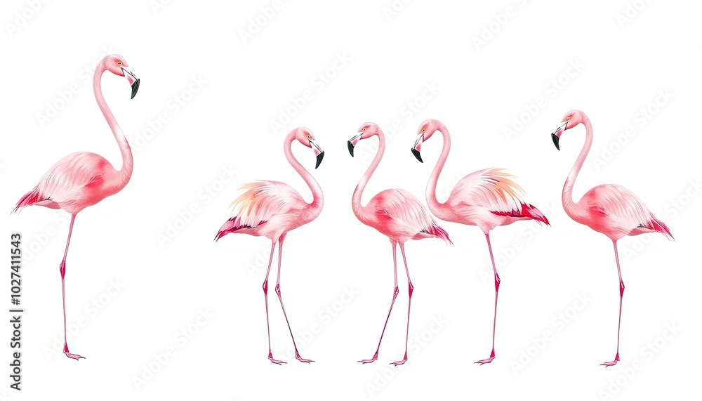 Obraz premium Set of flamingos on white background, watercolor pink flamingo AI Generate