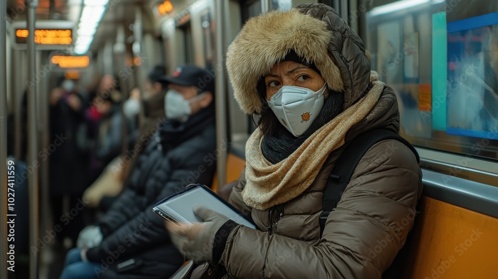 A masked commuter riding the subway, surrounded by other passengers, all wearing face coverings, creating a sense of solidarity and public health responsibility A masked commuter riding the subway, surrounded by other passengers, all wearing face coverings, creating a sense of solidarity and public health responsibility