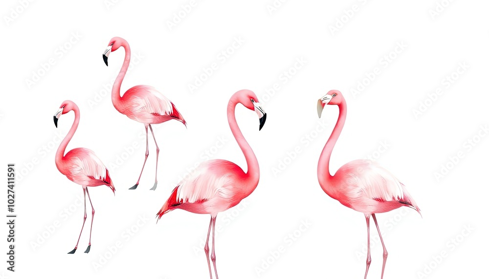 Obraz premium Set of flamingos on white background, watercolor pink flamingo AI Generate