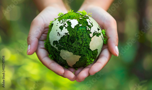 Hands holding Green Planet Earth made of moss on blurred forest background representing World Environment Day concept. Green Earth Day.