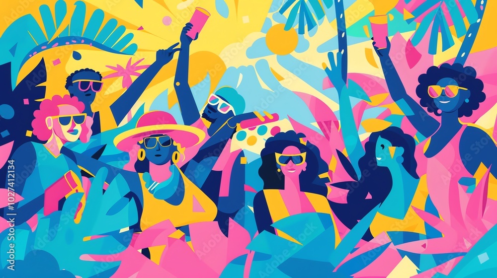 Fototapeta premium A colorful illustration of people dancing in a tropical setting.