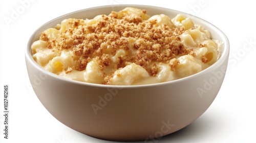 A bowl of macaroni and cheese with a crispy breadcrumb topping.