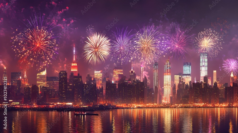 Fototapeta premium Fireworks Display Over Illuminated New York City Skyline