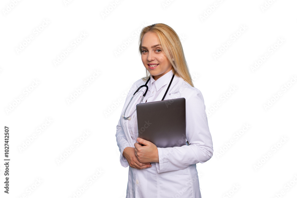 Portrait of a young female doctor holding a laptop Portrait of a young female doctor holding a laptop
