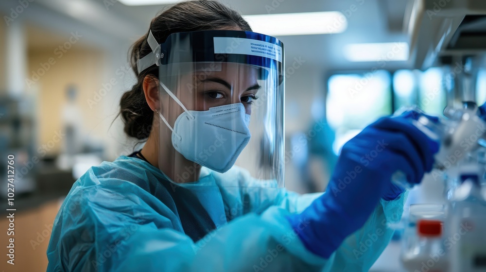 A healthcare worker wearing a full face shield and mask while preparing medical equipment, emphasizing safety protocols and protective gear in a clinical setting A healthcare worker wearing a full face shield and mask while preparing medical equipment, emphasizing safety protocols and protective gear in a clinical setting