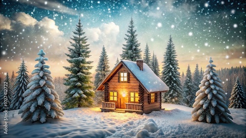 Cozy Wooden House in Snowy Landscape - Double Exposure Photography