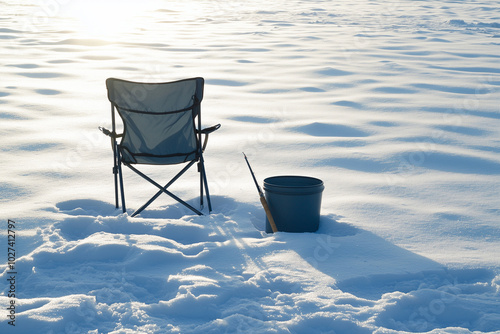 Abandoned fishing chair on frozen lake photo