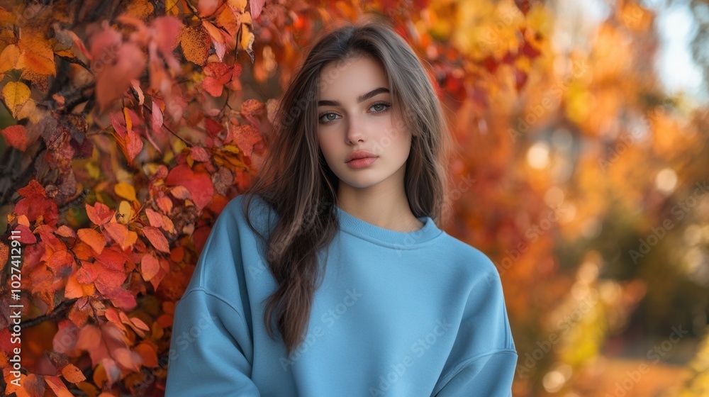 Woman in blue sweater posing against vibrant autumn leaves