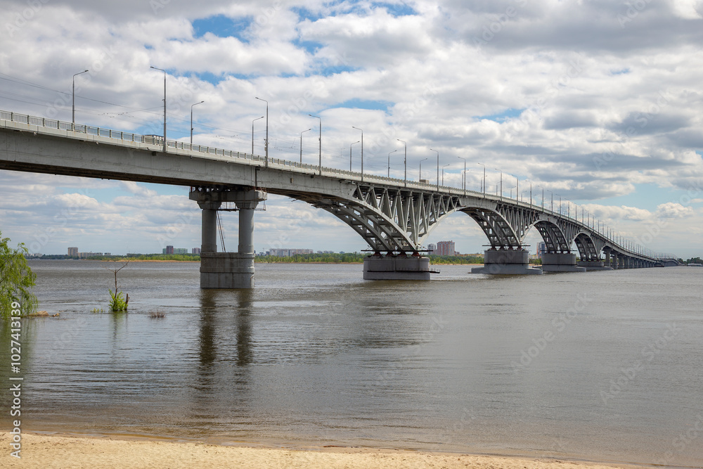 Automobile bridge over the Volga river between the cities of Saratov and Engels, Russia Automobile bridge over the Volga river between the cities of Saratov and Engels, Russia