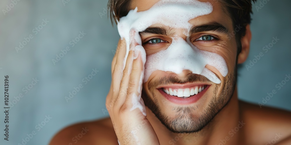 Fototapeta premium A man is smiling and has his hand on his face while washing his face with soap. Concept of relaxation and self-care