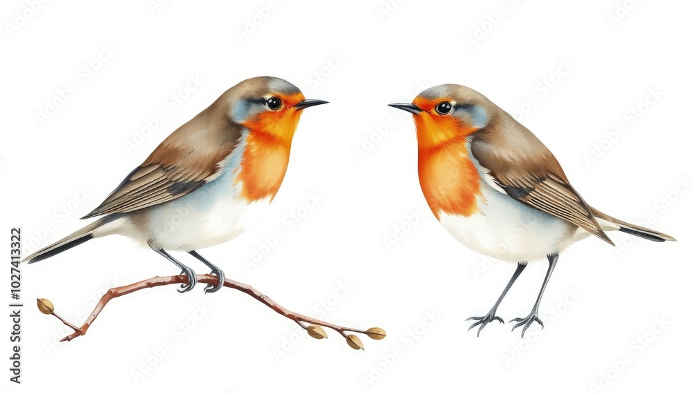 Set of robin birds on isolated white background, watercolor illustration, hand drawing postcard AI Generate Set of robin birds on isolated white background, watercolor illustration, hand drawing postcard AI Generate