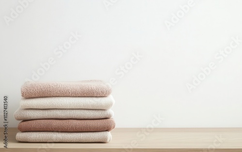 A close-up of a neatly folded stack of casual women's outfits on a wooden table, with a smooth minimal white wall as the backdrop, emphasizing cleanliness and order 