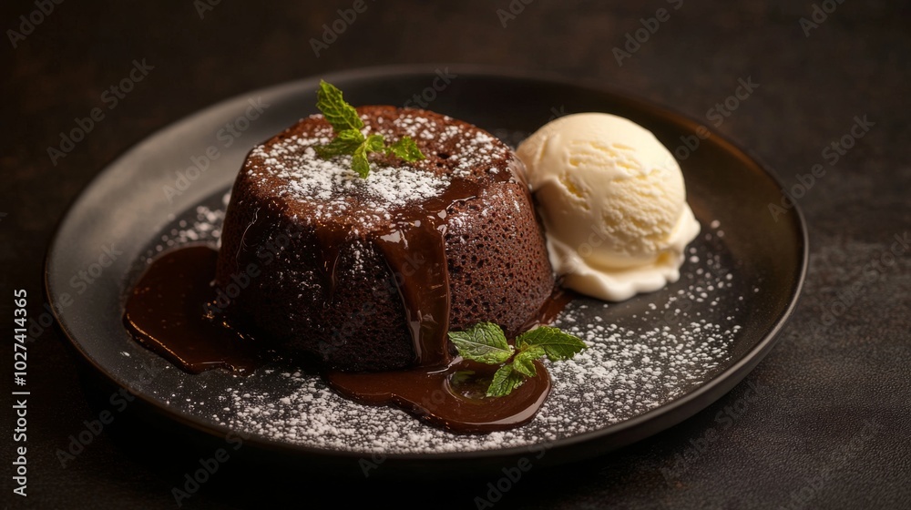 A chocolate lava cake with a scoop of vanilla ice cream and chocolate sauce.