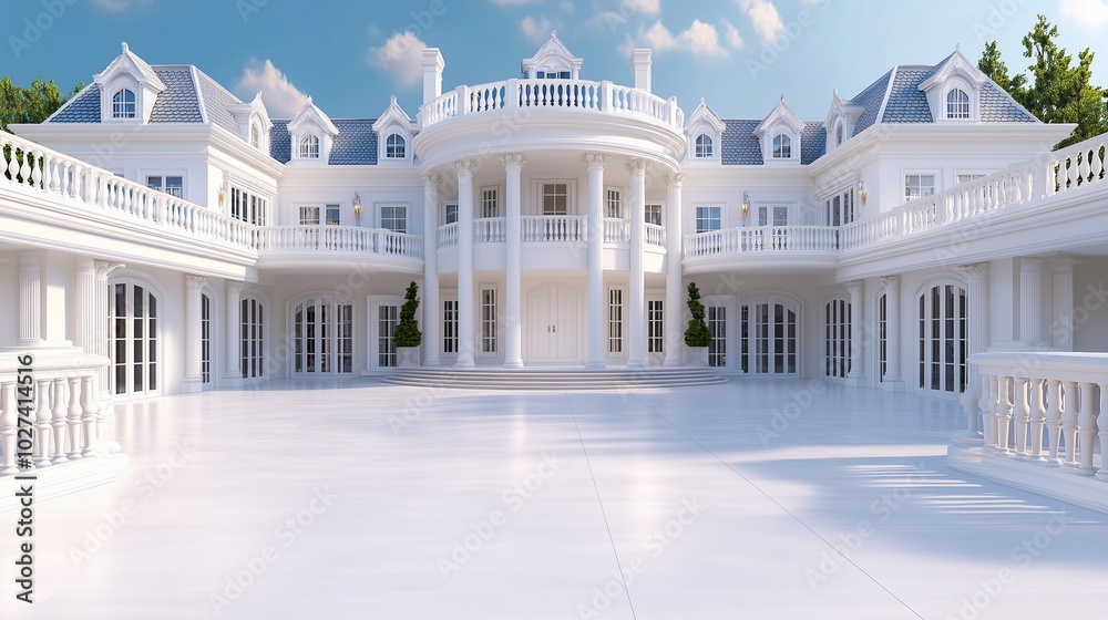 Fototapeta premium A grand, modern mansion with a spacious, white patio and elegant architectural details under a bright blue sky.