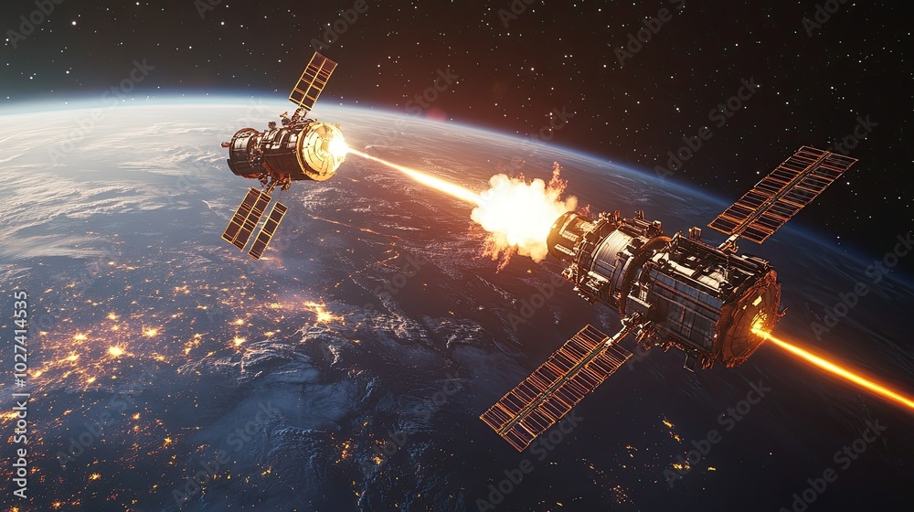 Spacecraft Engaging in Battle Above Earth