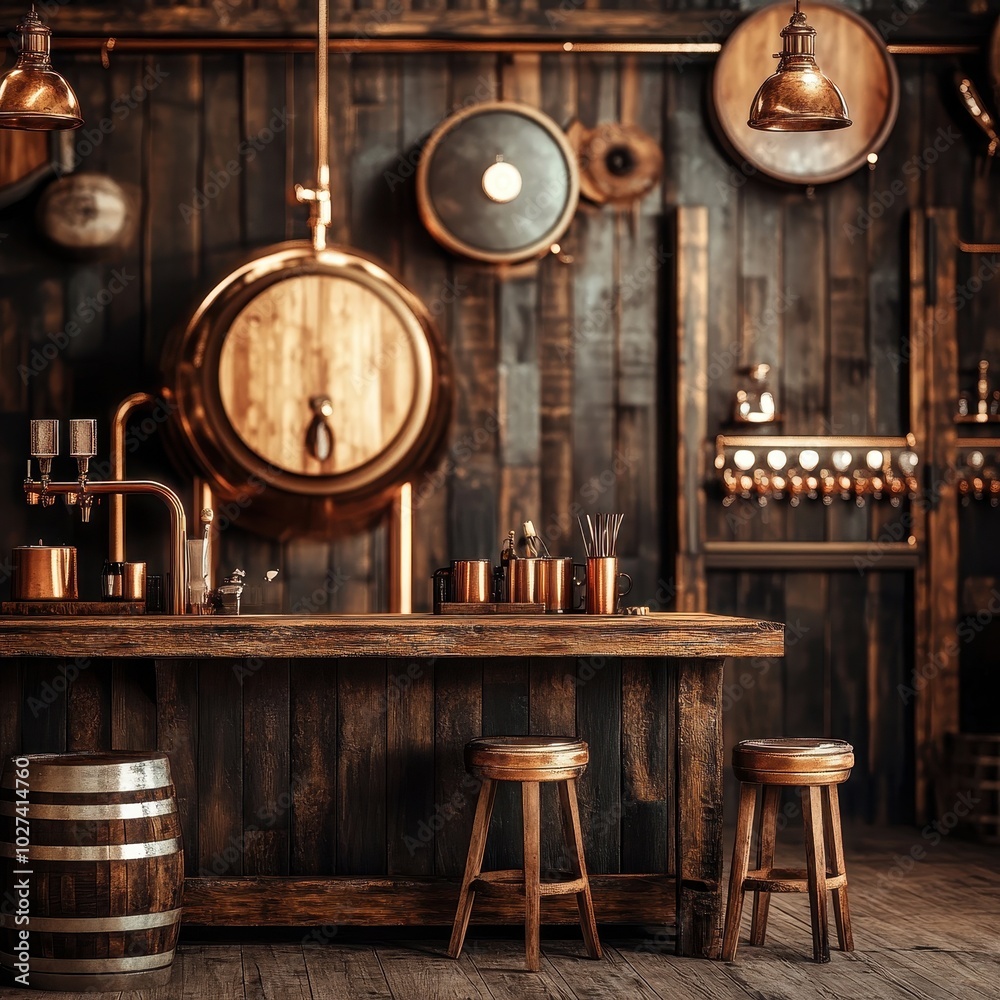 A barrel aging room decorated with rustic wooden furniture and copper brewing tools, emphasizing traditional craft beer production, with copy space for brand or product placement. A barrel aging room decorated with rustic wooden furniture and copper brewing tools, emphasizing traditional craft beer production, with copy space for brand or product placement.