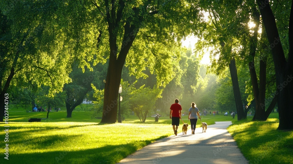People Walking in a City Park on a Sunny Day People Walking in a City Park on a Sunny Day
