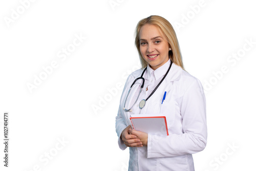 Professional young doctor with a stethoscope around her neck